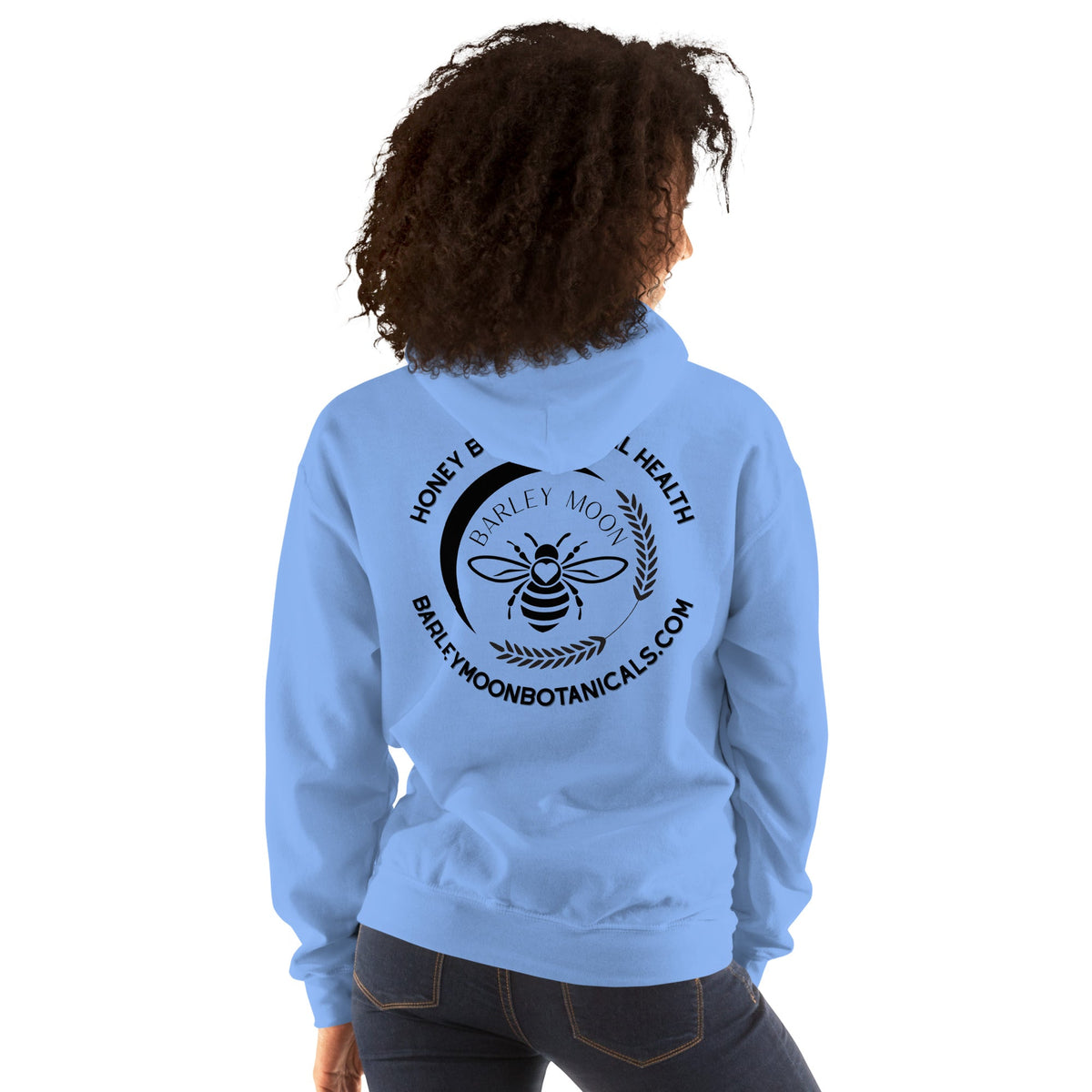 Barley Moon Botanicals light blue unisex hoodie with a black bee and crescent moon logo printed on the back.