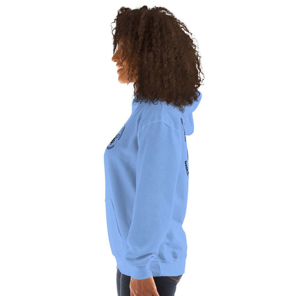 A woman wearing a light blue Barley Moon Botanicals unisex hoodie with a bee and moon logo, side profile view.