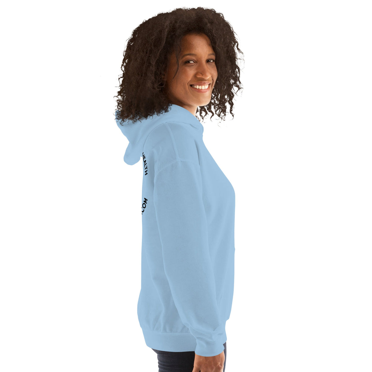 A woman wearing a light blue Barley Moon Botanicals unisex hoodie with side text, isolated on a white background.