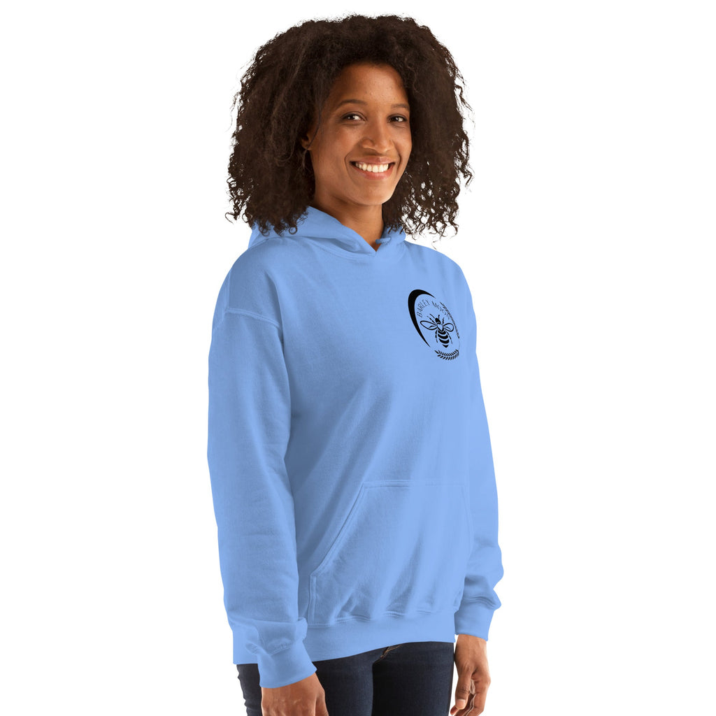 Barley Moon Botanicals light blue unisex hoodie with a black bee and crescent moon logo on the chest