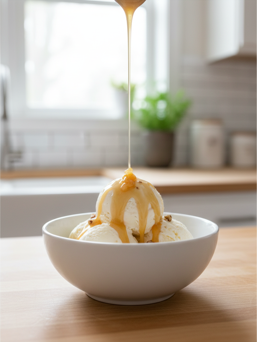Barley Moon Botanicals MapeCozy maple pecan creamed honey drizzled over a bowl of creamy vanilla ice cream
