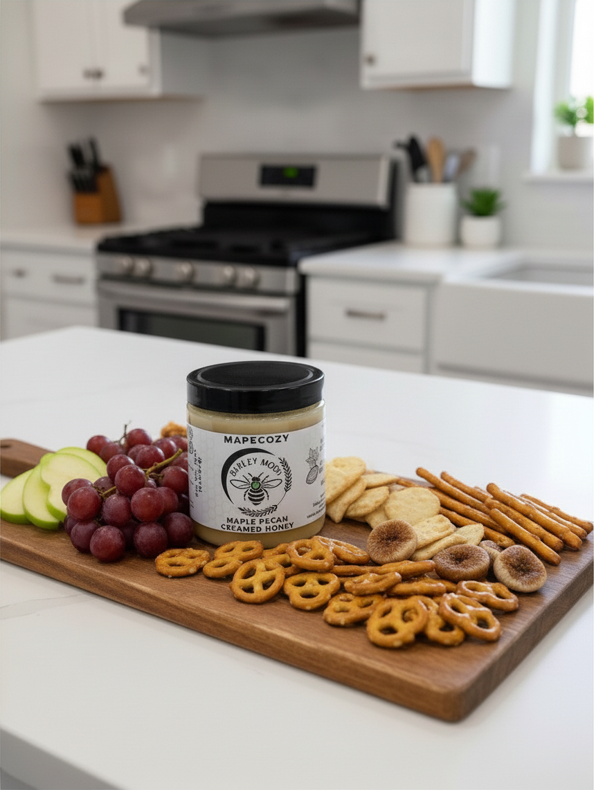 Barley Moon Botanicals MapeCozy maple pecan creamed honey jar on a wooden charcuterie board with fruit and pretzels.