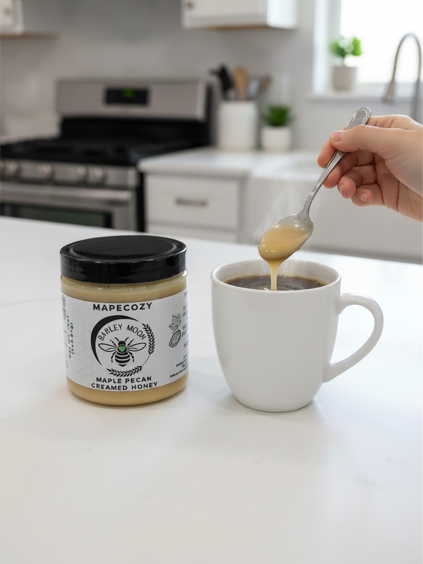 Barley Moon Botanicals MapeCozy maple pecan creamed honey jar next to a steaming mug of coffee on a kitchen counter
