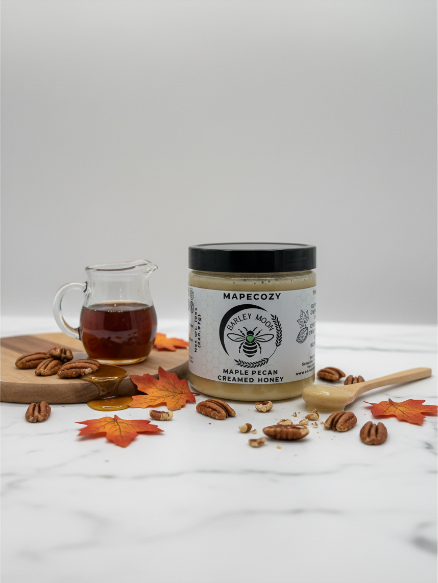 Barley Moon Botanicals MapeCozy maple pecan creamed honey jar on a marble surface with pecans and autumn leaves