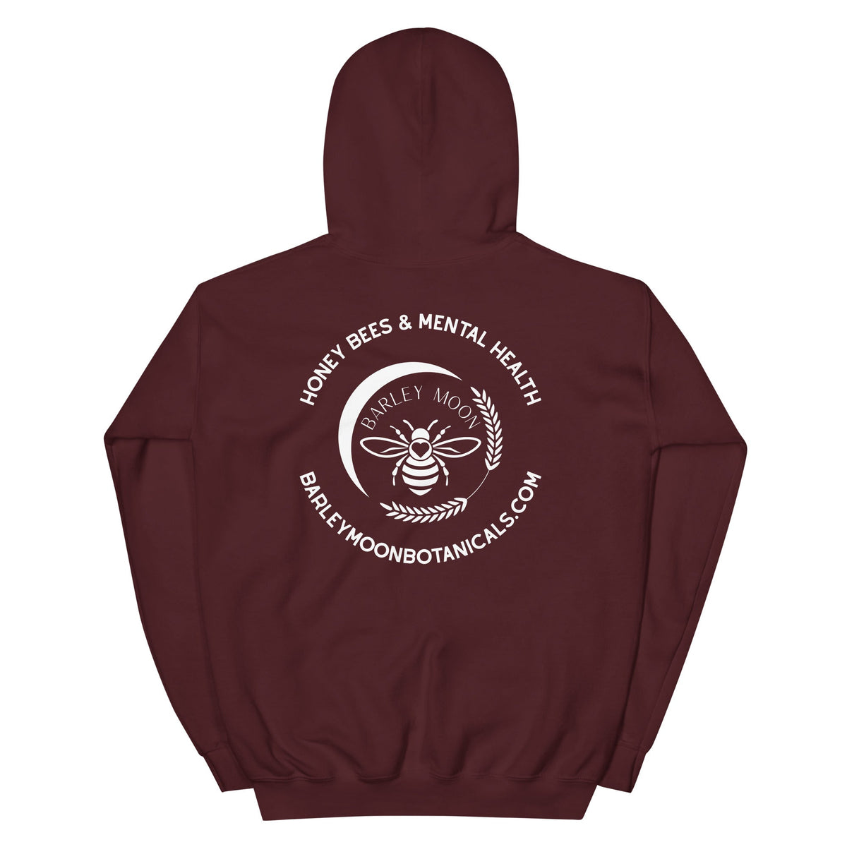 Back view of a maroon Barley Moon Botanicals unisex hoodie featuring a white bee and crescent moon logo graphic.