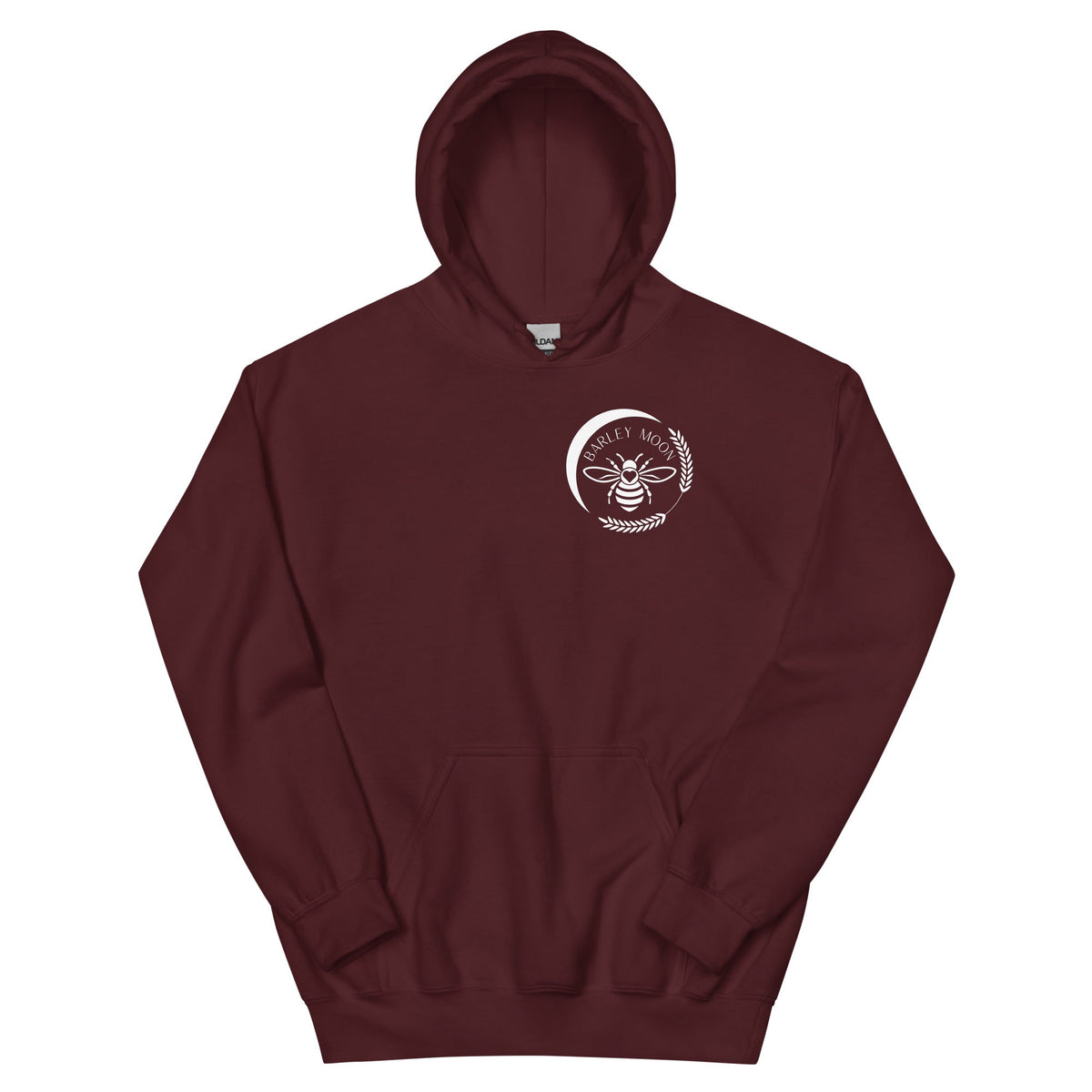 Barley Moon Botanicals unisex hoodie in maroon with a white bee and crescent moon logo on the chest.