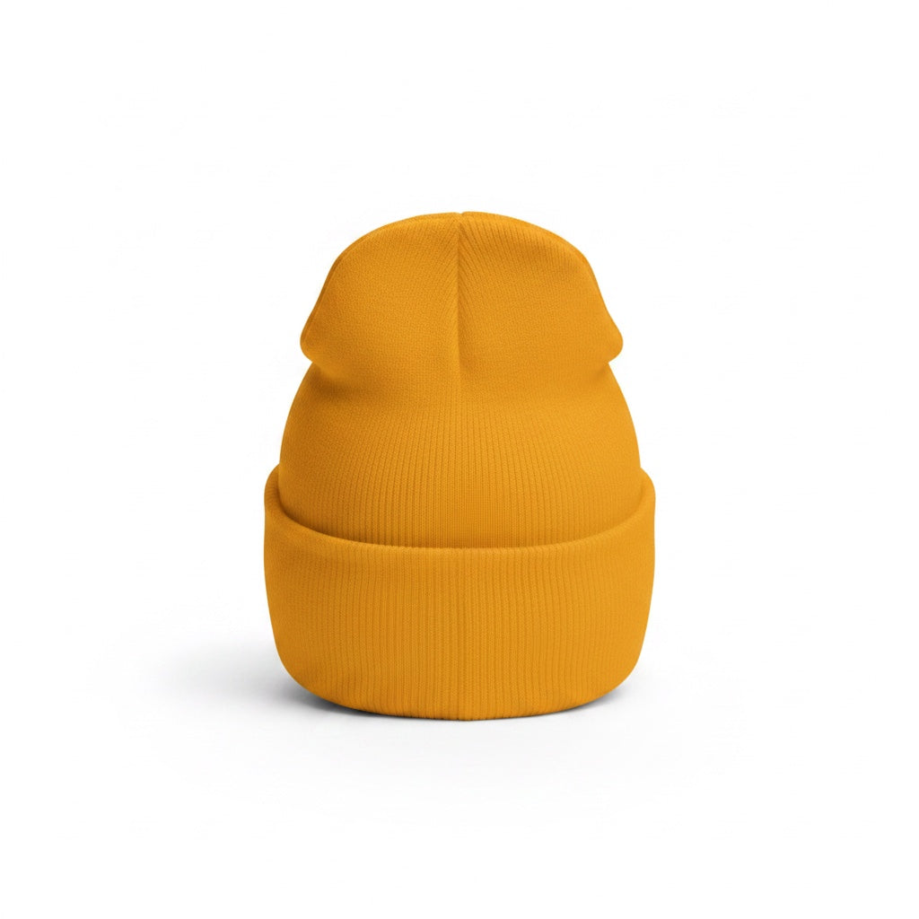 Barley Moon Botanicals mustard yellow cuffed beanie made from hypoallergenic turbo acrylic in a simple unisex style