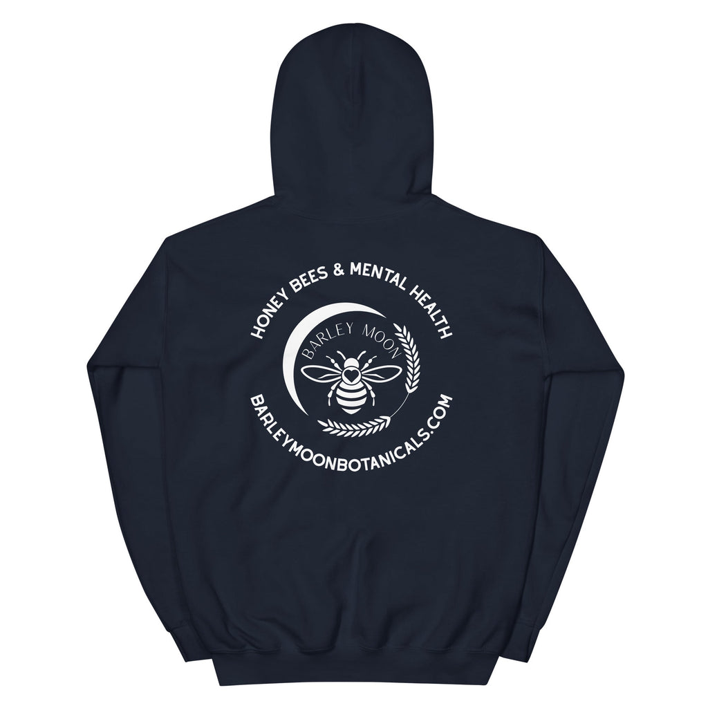 Back view of a navy Barley Moon Botanicals unisex hoodie featuring a white bee and crescent moon graphic print.