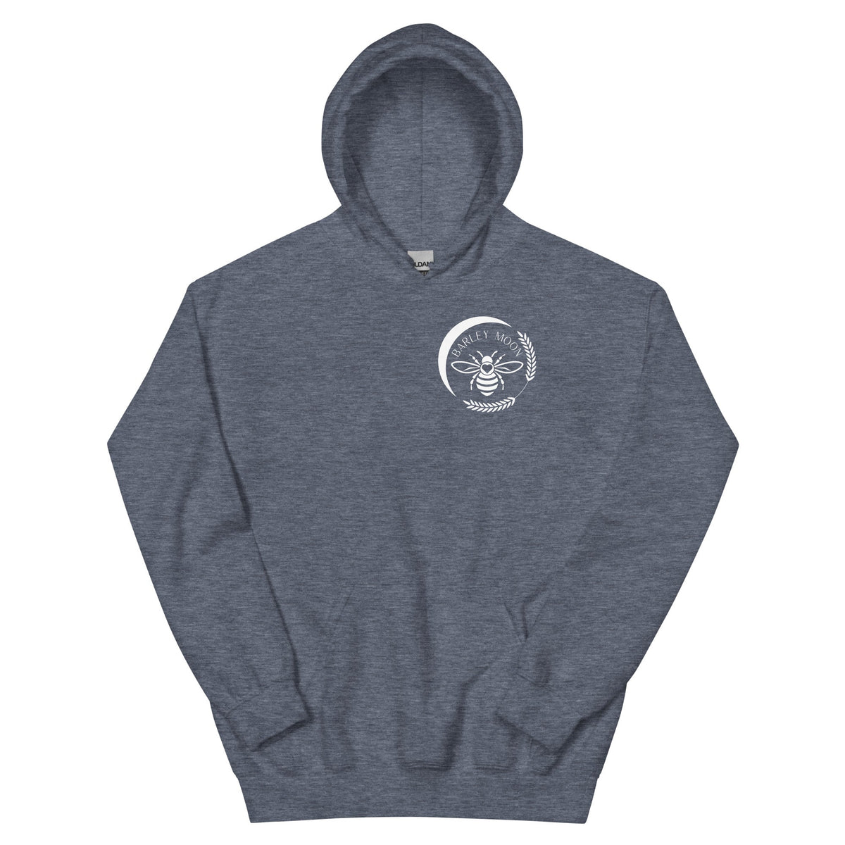 Barley Moon Botanicals unisex heather navy hoodie featuring a white bee and crescent moon logo on the chest.
