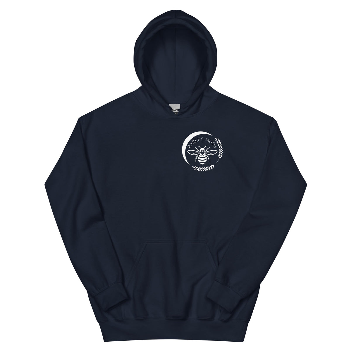 Barley Moon Botanicals navy blue unisex hoodie with a white bee and crescent moon logo on the chest.