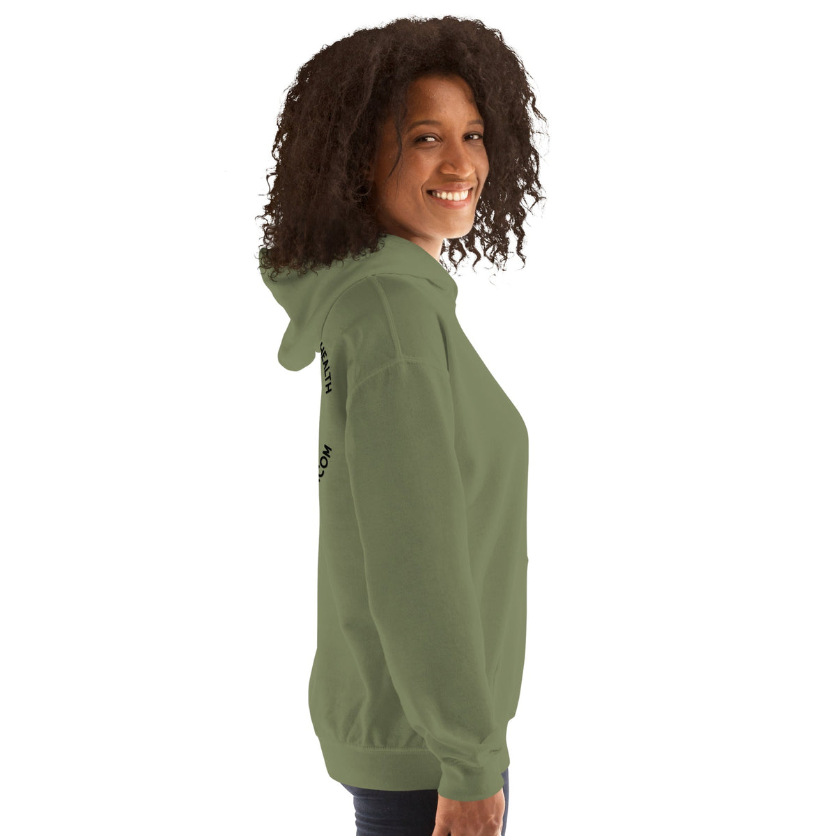 Barley Moon Botanicals unisex hoodie in olive green worn by a smiling woman, side view showing sleeve text detail.
