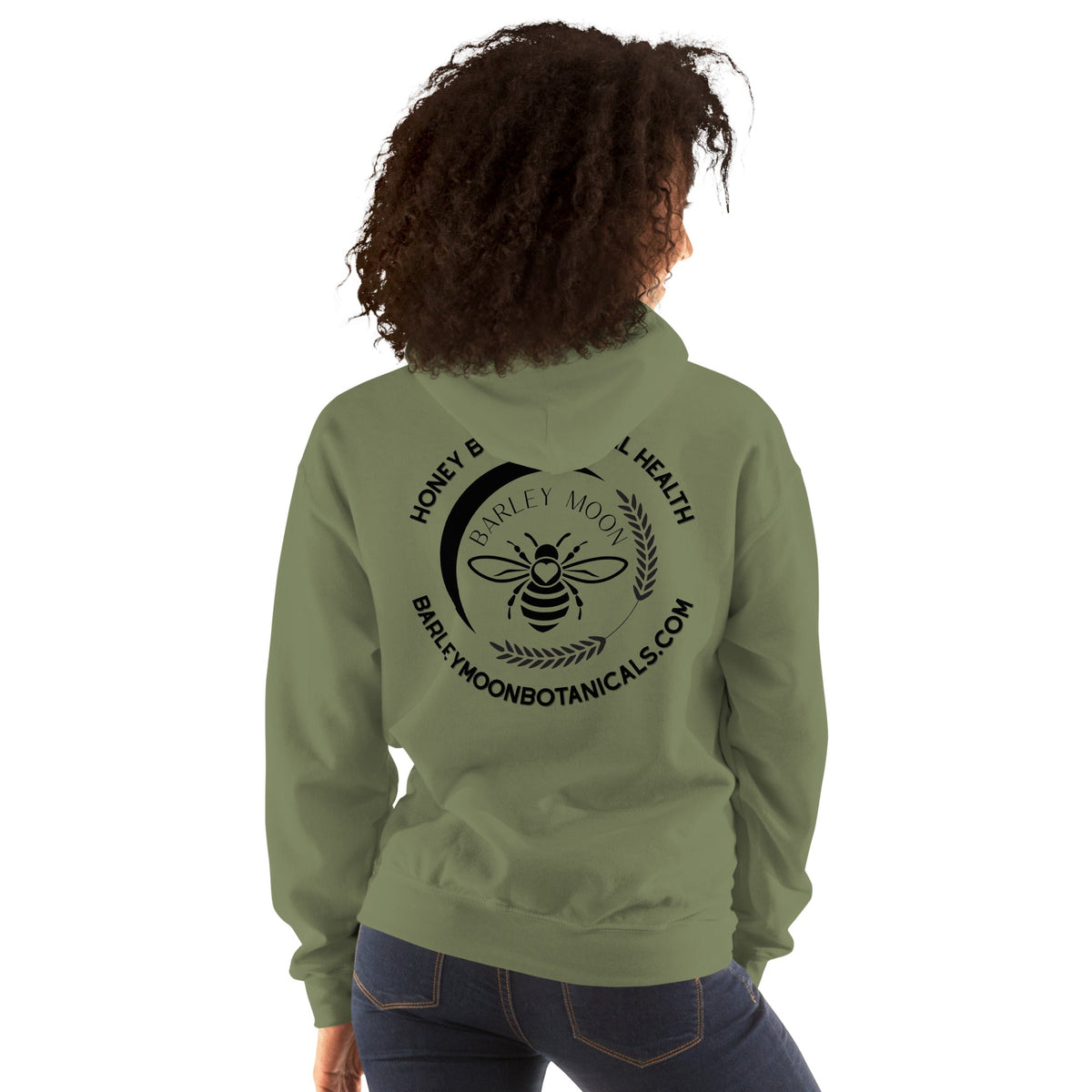 Barley Moon Botanicals olive green unisex hoodie featuring a black bee and moon logo on the back