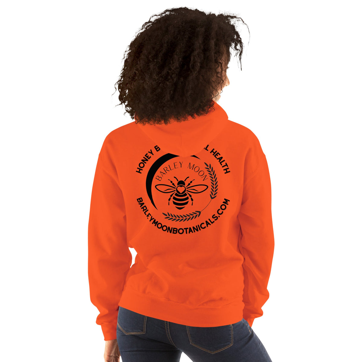 Barley Moon Botanicals unisex orange hoodie featuring a black bee and crescent moon logo on the back