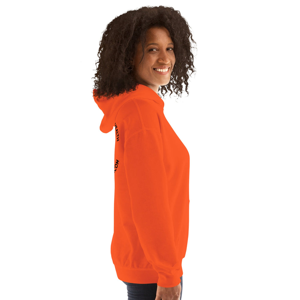 Barley Moon Botanicals unisex orange hoodie with side text, worn by a smiling woman in a side profile view.