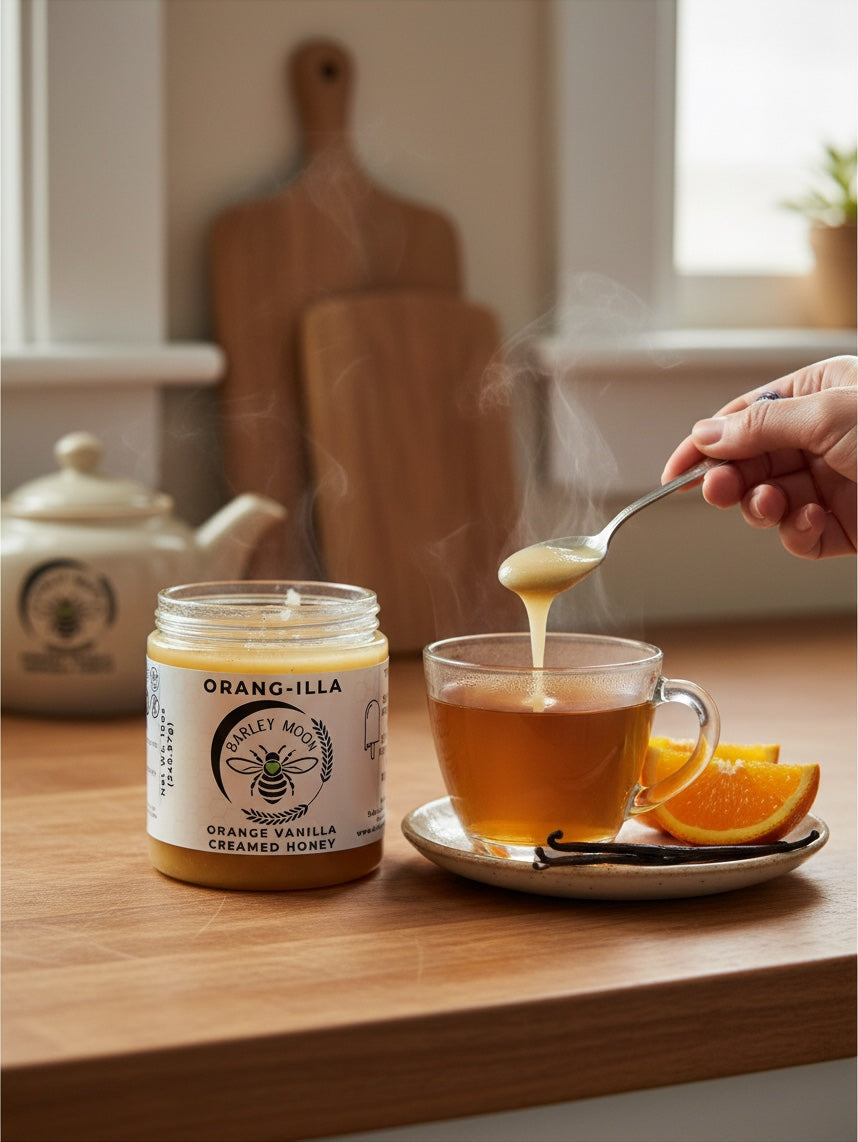 Barley Moon Botanicals Orang-illa orange vanilla creamed honey jar next to a steaming cup of tea with orange slices.