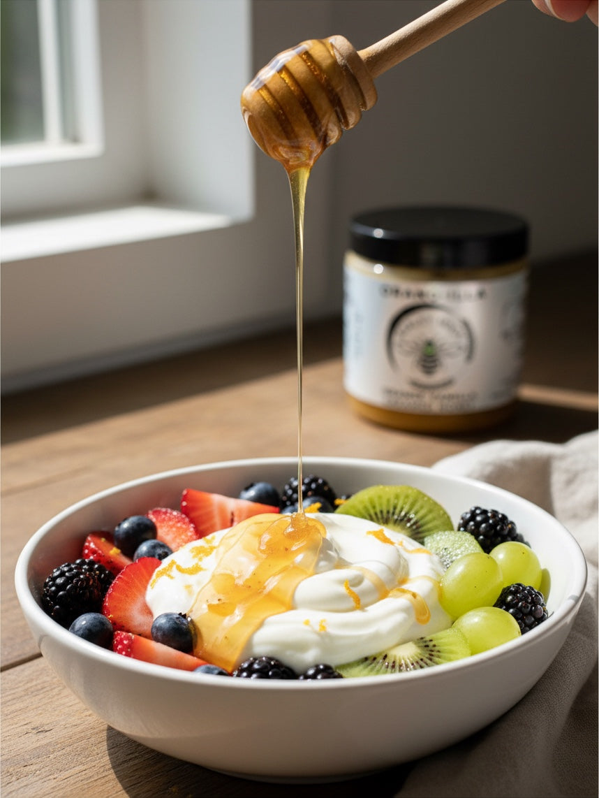 Barley Moon Botanicals Orang-illa creamed honey drizzled from a wooden dipper onto a bowl of fresh fruit and yogurt.