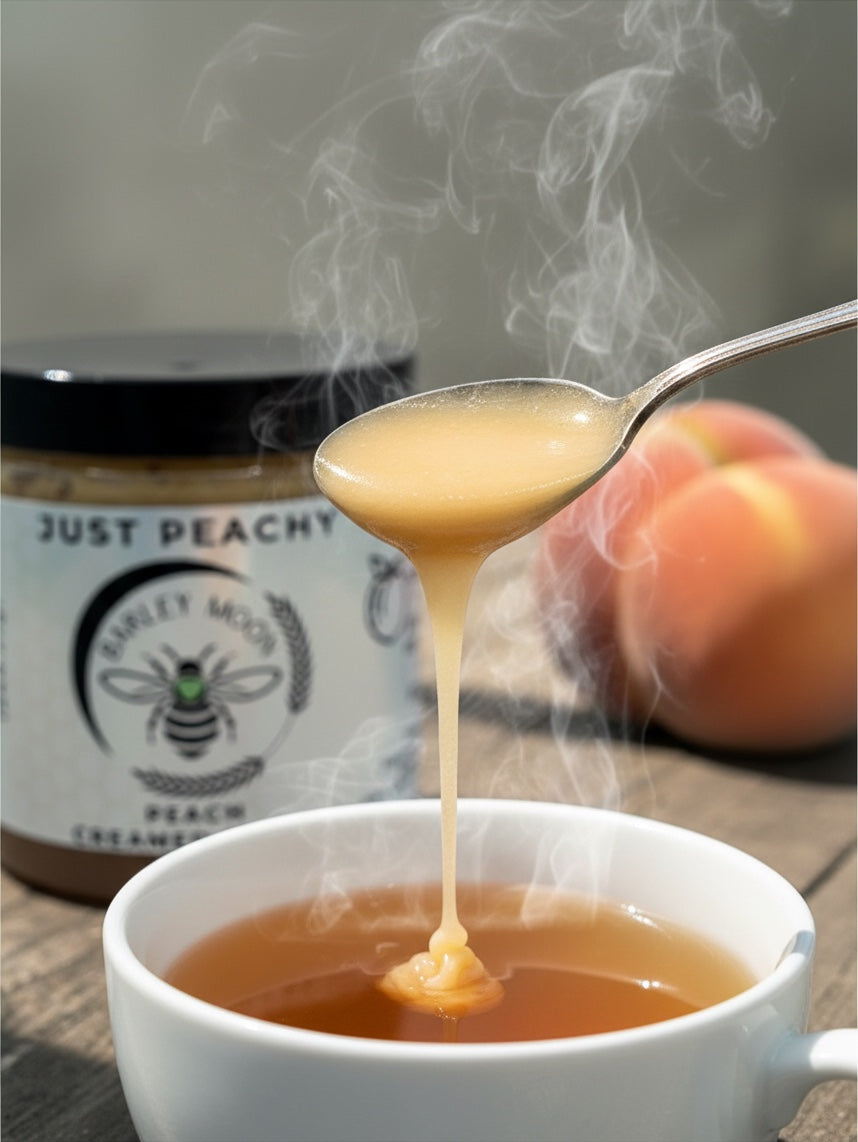 Barley Moon Botanicals Just Peachy creamed honey drizzled from a spoon into a steaming mug with fresh peaches