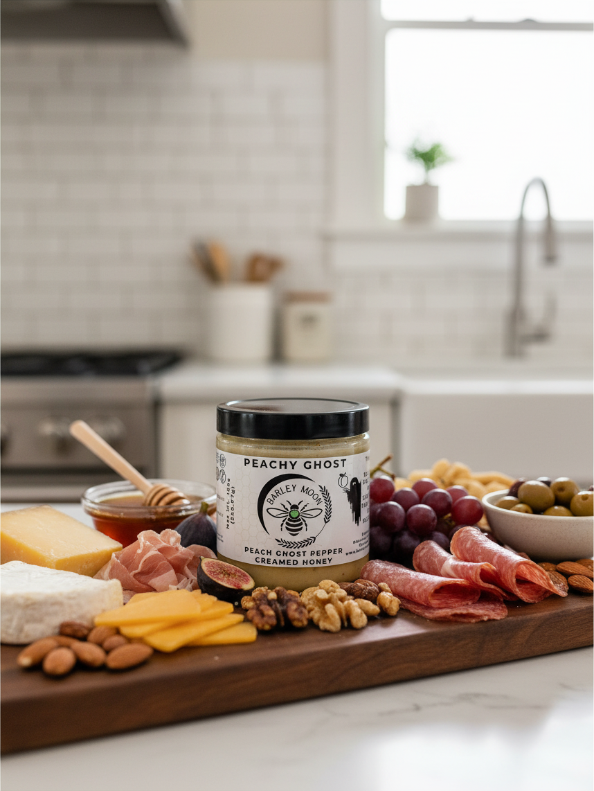 Barley Moon Botanicals Peachy Ghost creamed honey jar on a charcuterie board with cheese, meat, fruit, and nuts.