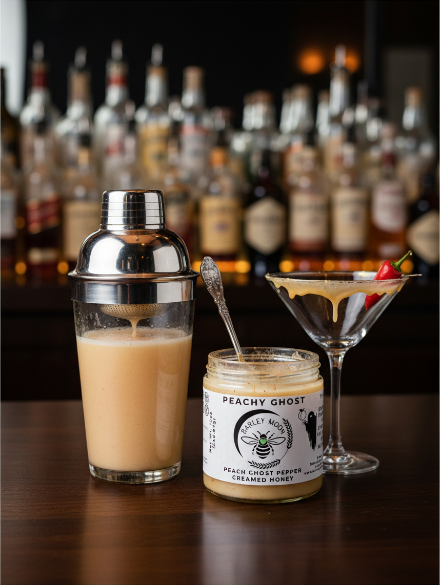 Barley Moon Botanicals Peachy Ghost creamed honey jar next to a cocktail shaker and a martini glass with a chili