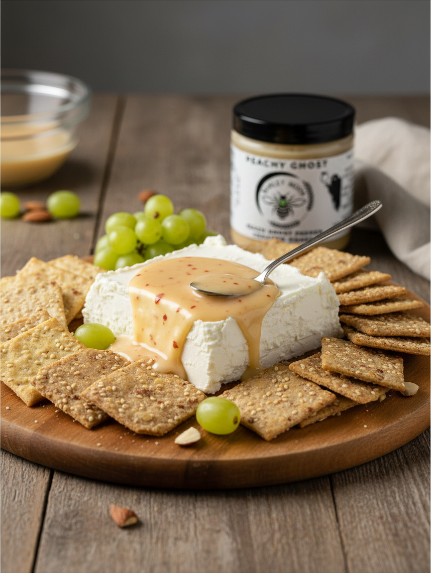 Barley Moon Botanicals Peachy Ghost creamed honey drizzled over a block of cream cheese with crackers and green grapes