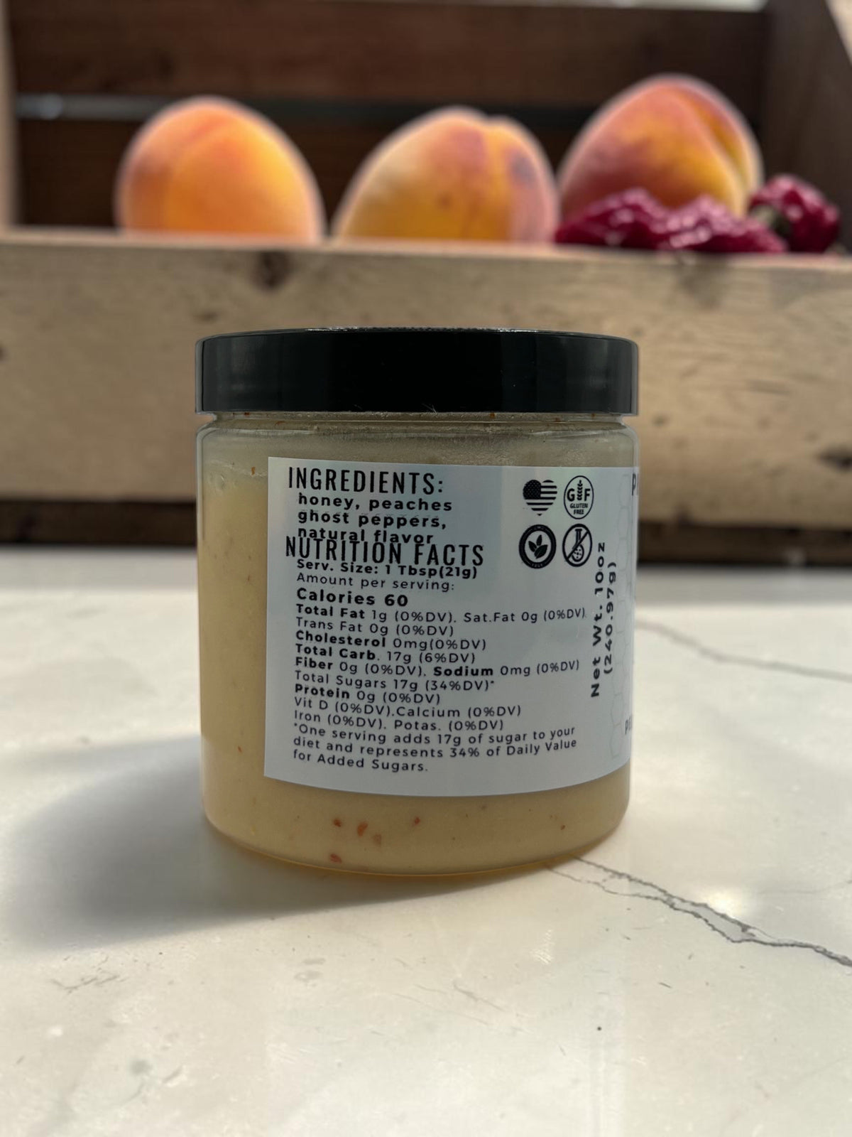 Barley Moon Botanicals Peachy Ghost creamed honey jar showing nutrition facts and ingredients label