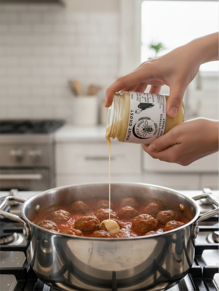 Barley Moon Botanicals Peachy Ghost creamed honey being drizzled over savory meatballs in a stainless steel pan.