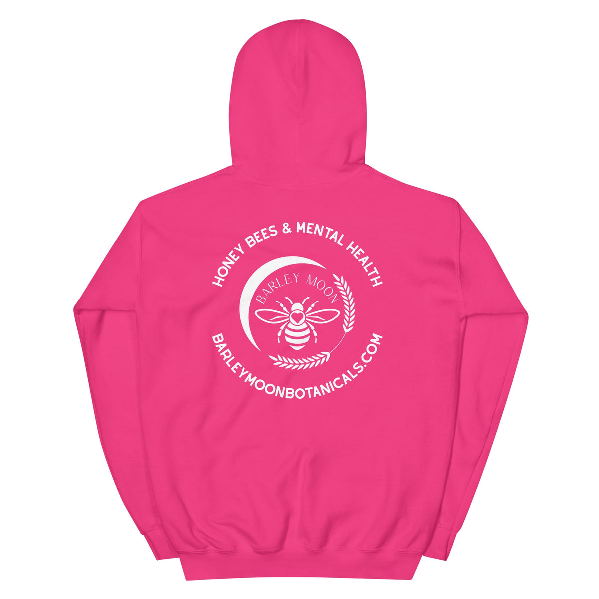 Back view of a bright pink Barley Moon Botanicals unisex hoodie featuring a white bee and crescent moon graphic.