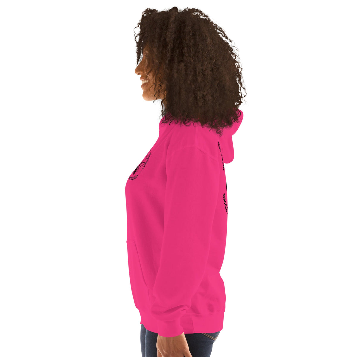 Barley Moon Botanicals unisex hoodie in bright pink with a bee and crescent moon logo, side view on a model