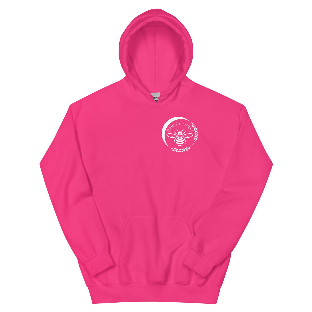 Barley Moon Botanicals unisex hoodie in bright pink with a white bee and crescent moon logo on the chest.