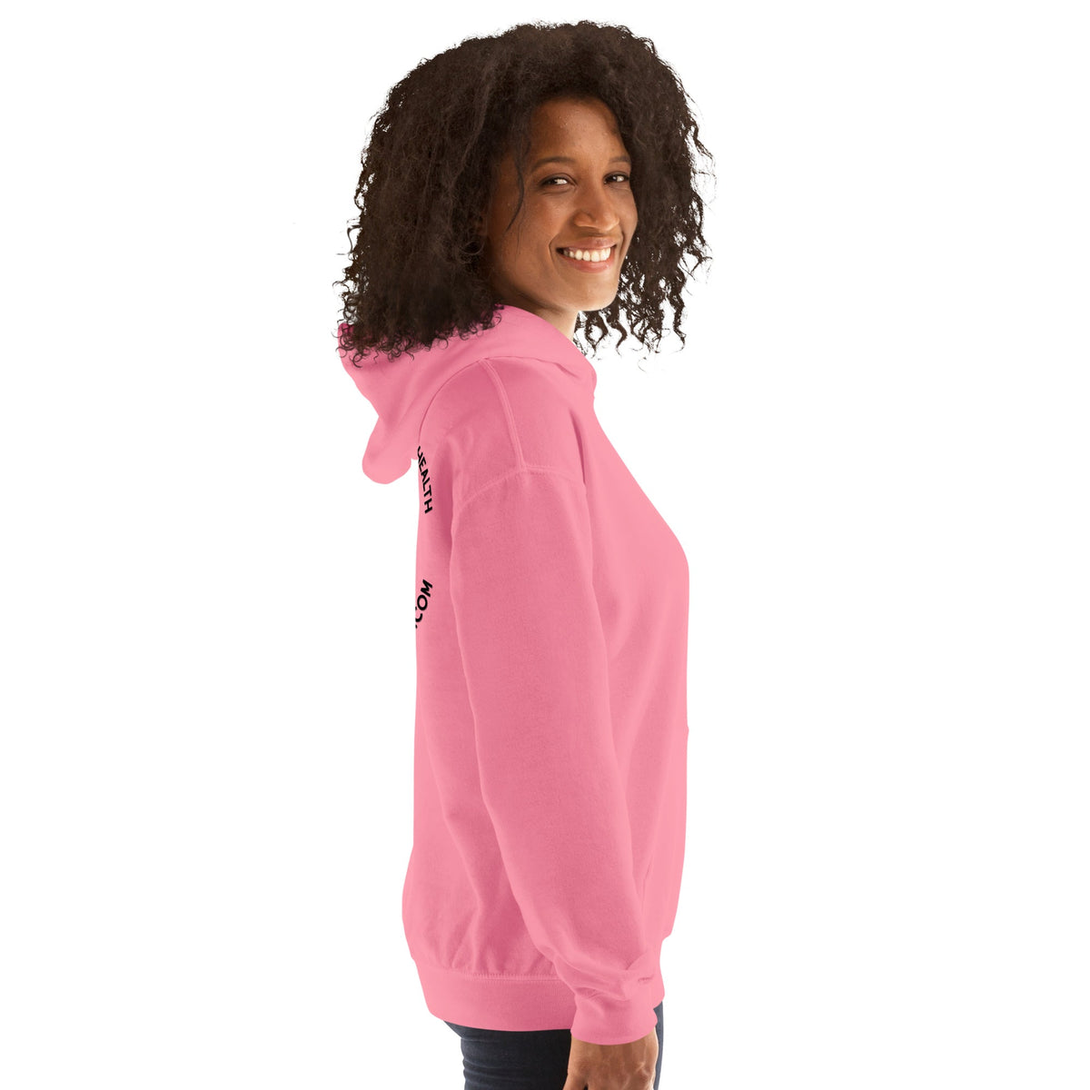 Barley Moon Botanicals pink unisex hoodie worn by a smiling woman, side profile view showing a cozy cotton blend.