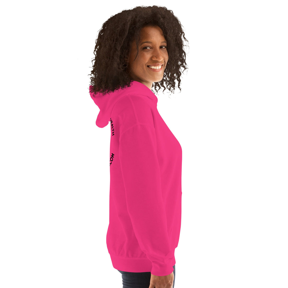 Barley Moon Botanicals unisex hoodie in bright pink with side text, worn by a smiling woman in profile view.
