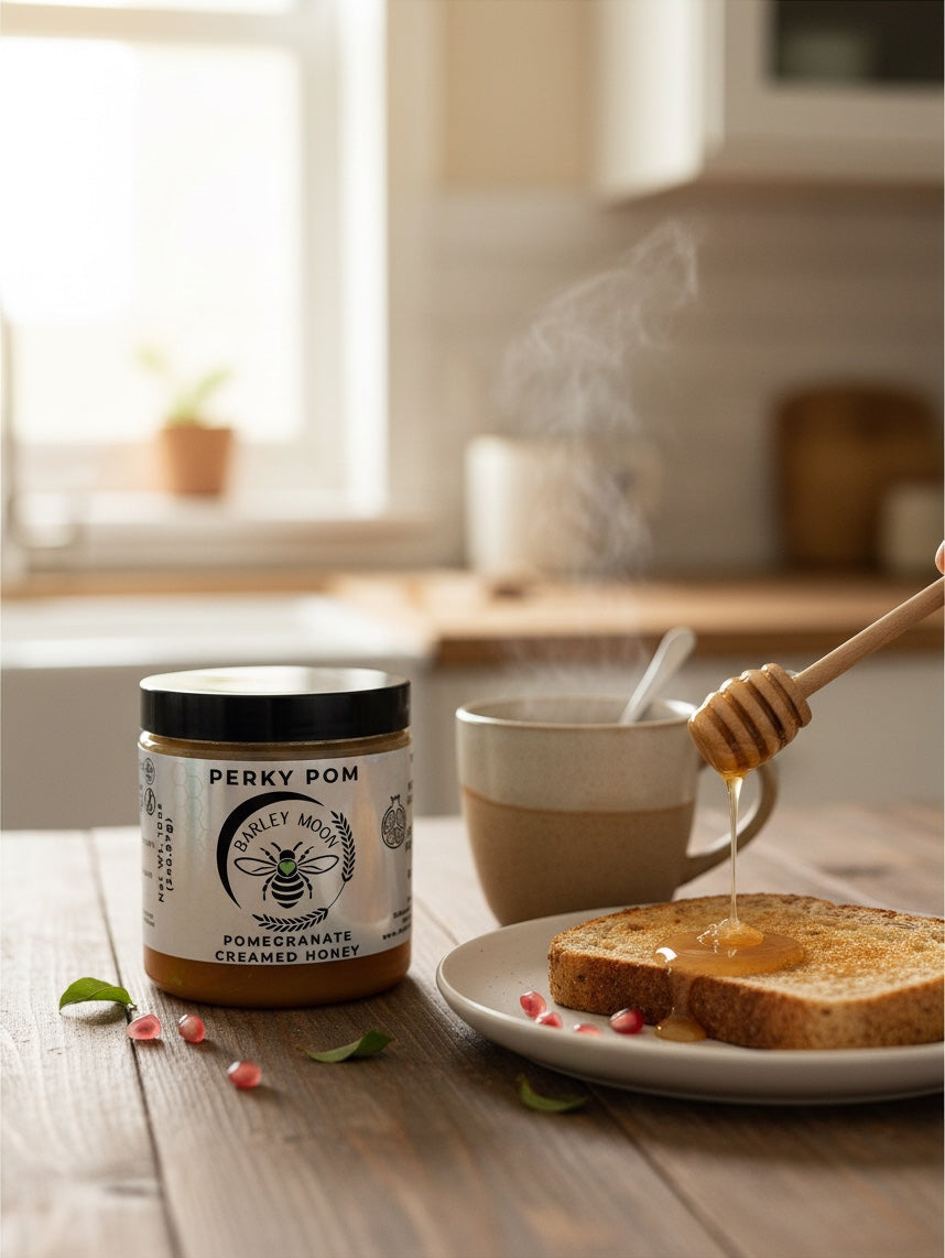 Barley Moon Botanicals Perky Pom pomegranate creamed honey drizzled on toast with a wooden dipper in a cozy kitchen