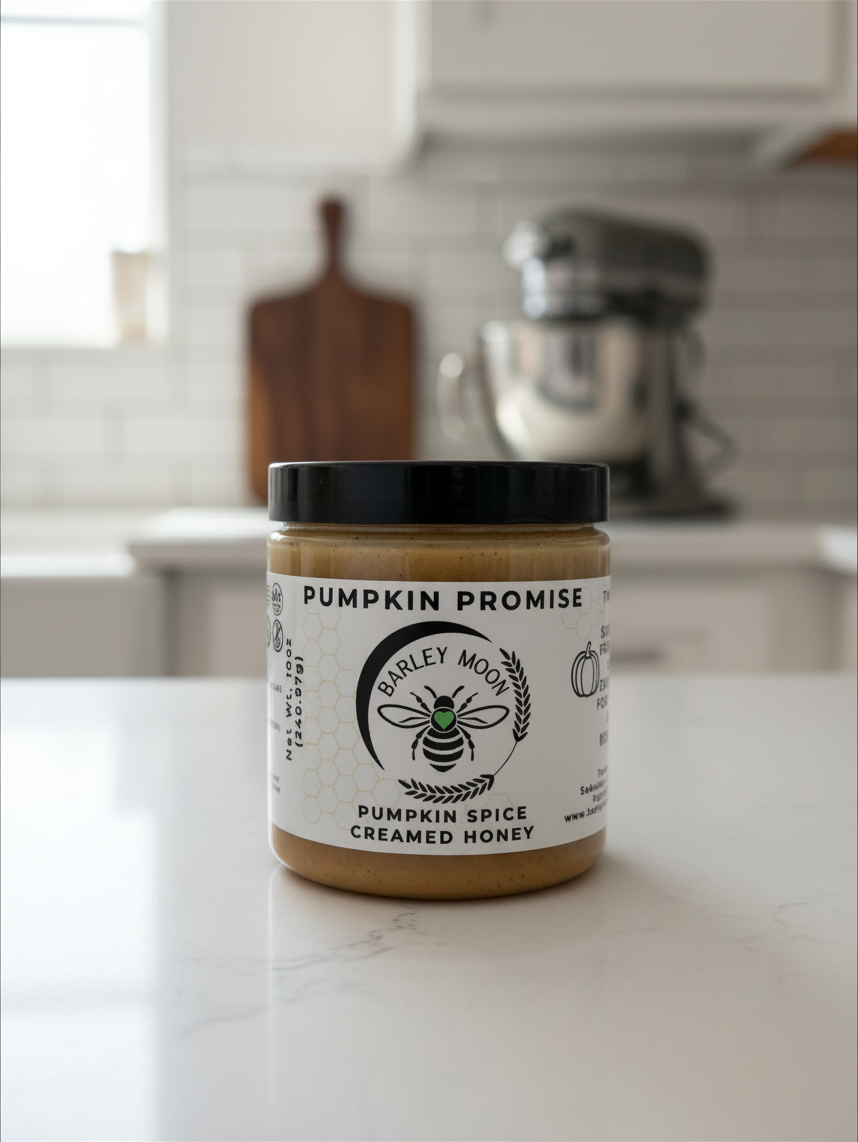 Barley Moon Botanicals Pumpkin Promise creamed honey in a glass jar with a black lid on a white kitchen counter.