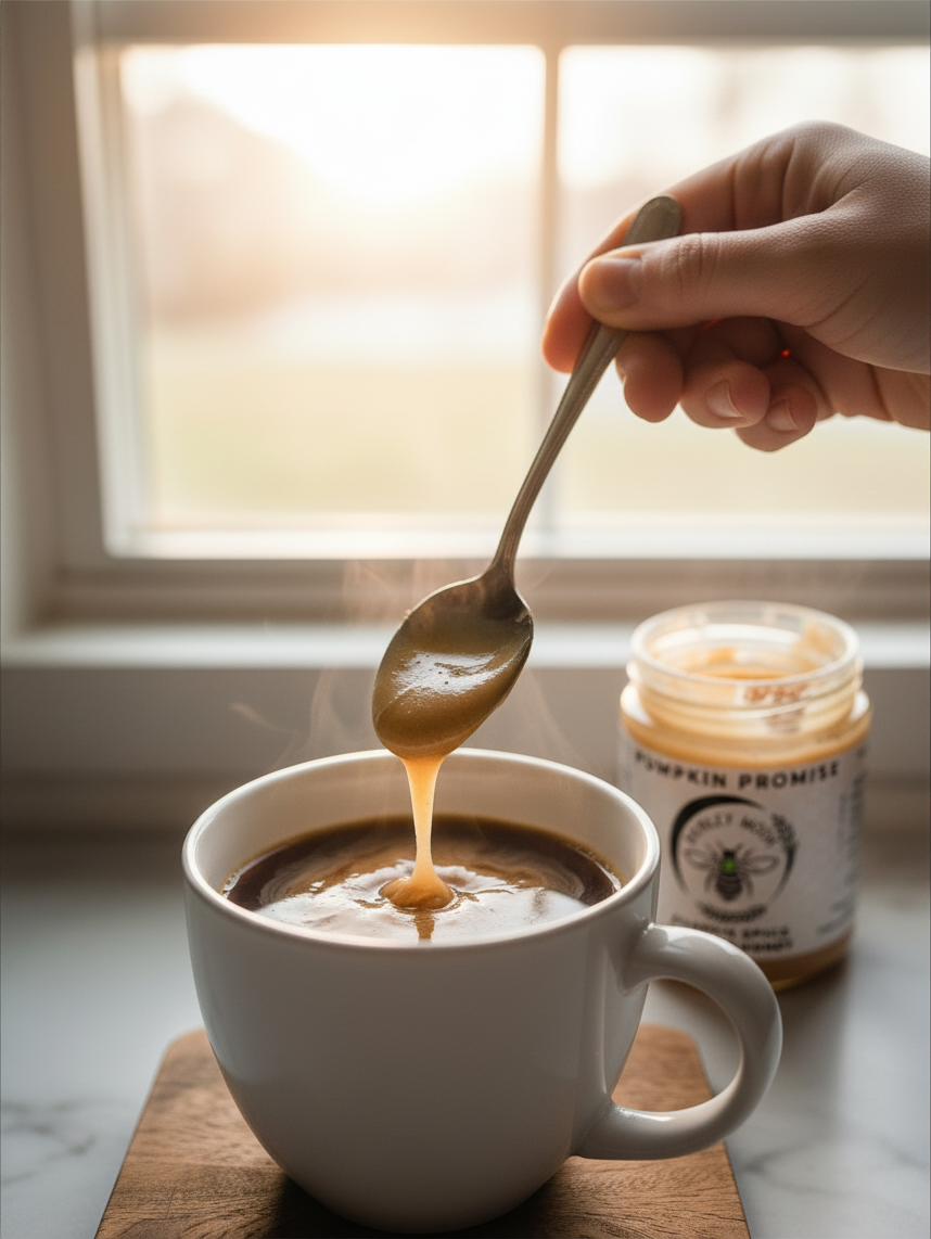 Barley Moon Botanicals Pumpkin Promise creamed honey being drizzled from a spoon into a steaming mug of coffee