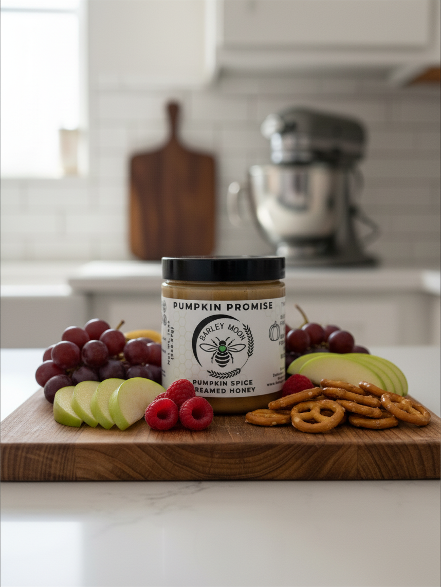 Barley Moon Botanicals Pumpkin Promise creamed honey jar on a wooden board with grapes, apple slices, and pretzels.