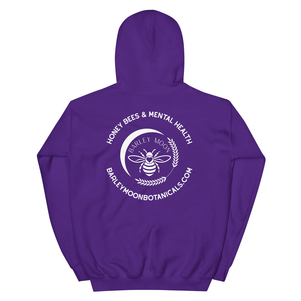 Barley Moon Botanicals purple unisex hoodie featuring a white back graphic of a bee, crescent moon, and mental health text