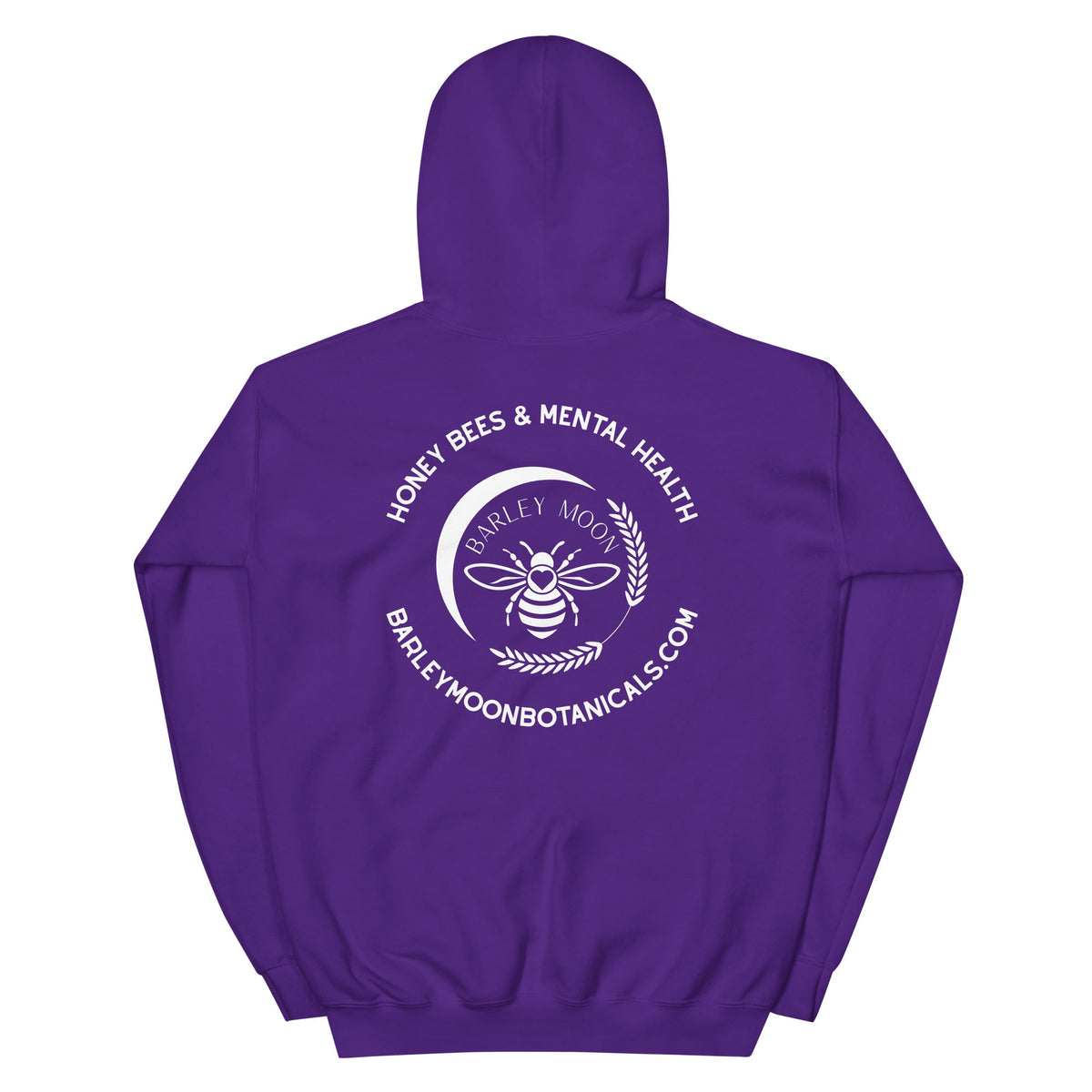 Barley Moon Botanicals purple unisex hoodie featuring a white back graphic of a bee, crescent moon, and mental health text