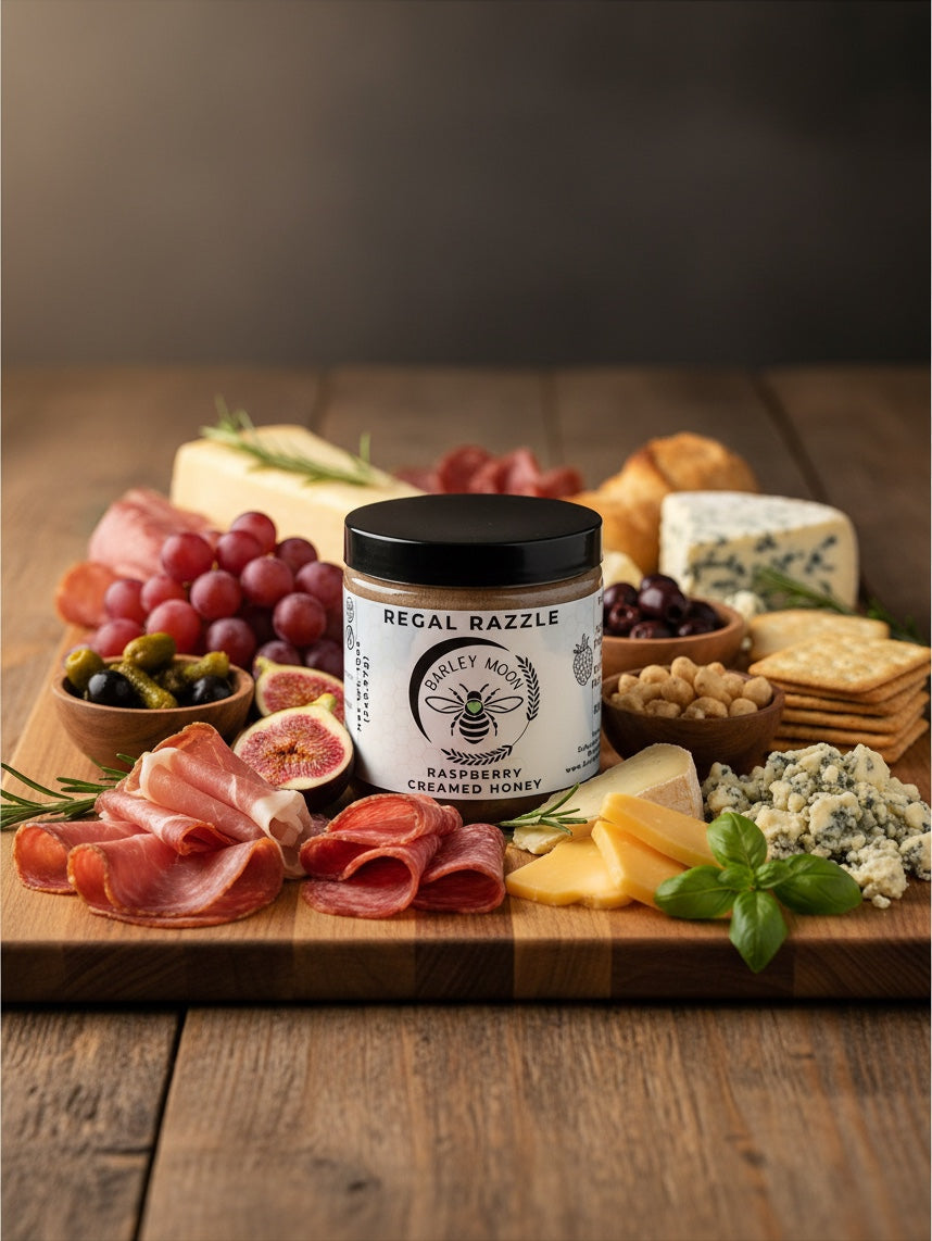 Barley Moon Botanicals Regal Razzle raspberry creamed honey jar centered on a gourmet charcuterie board with cheese