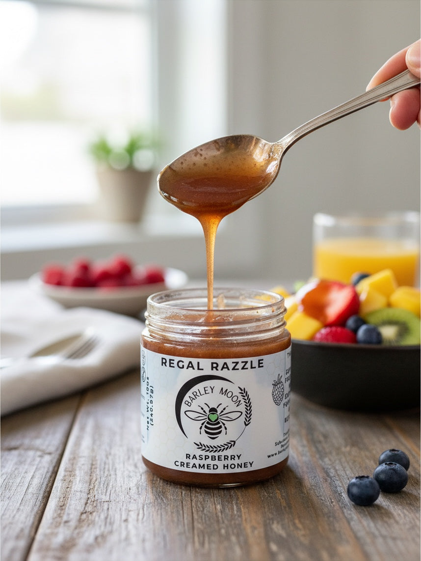 Barley Moon Botanicals Regal Razzle raspberry creamed honey being drizzled from a spoon over a breakfast table