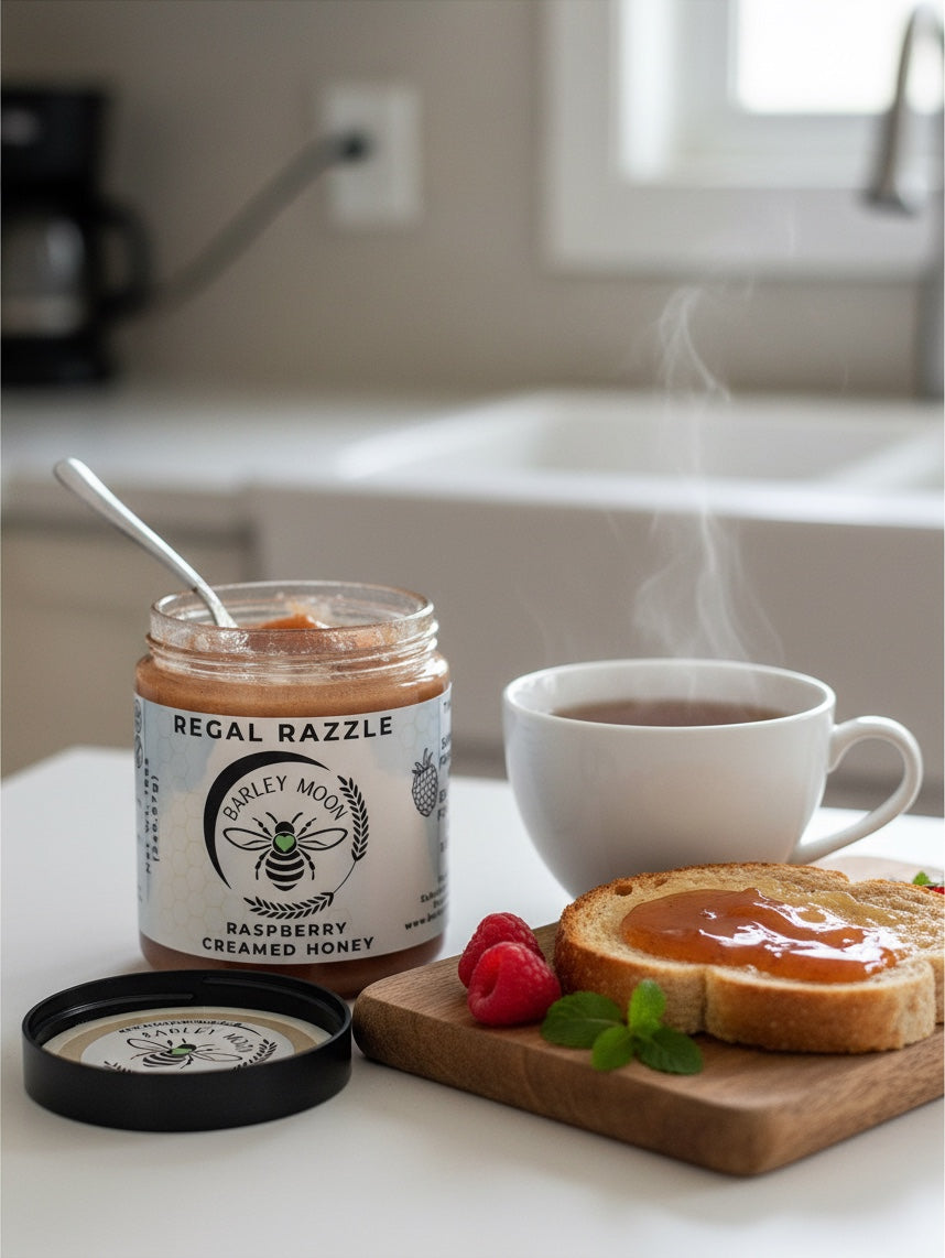 Barley Moon Botanicals Regal Razzle raspberry creamed honey jar with toast and a steaming cup of tea on a table.