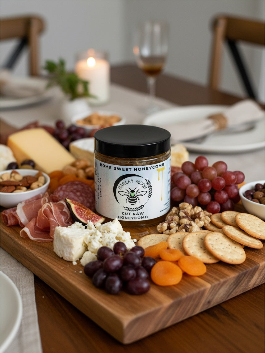 Barley Moon Botanicals raw honeycomb jar centered on a gourmet charcuterie board with cheese, fruit, and crackers.
