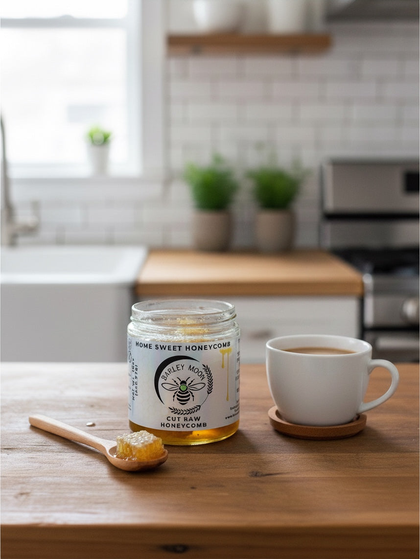Barley Moon Botanicals raw honeycomb in a glass jar with a wooden spoon on a kitchen table next to a cup of coffee.