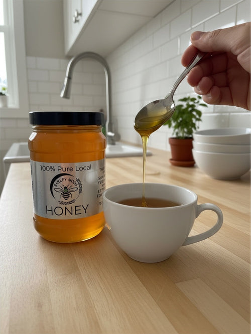 Barley Moon Botanicals 3lb jar of raw local honey being drizzled from a spoon into a white cup of tea on a kitchen counter