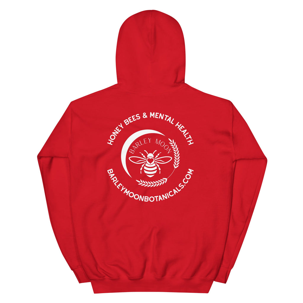 Back view of a red Barley Moon Botanicals unisex hoodie featuring a white bee and crescent moon logo graphic.