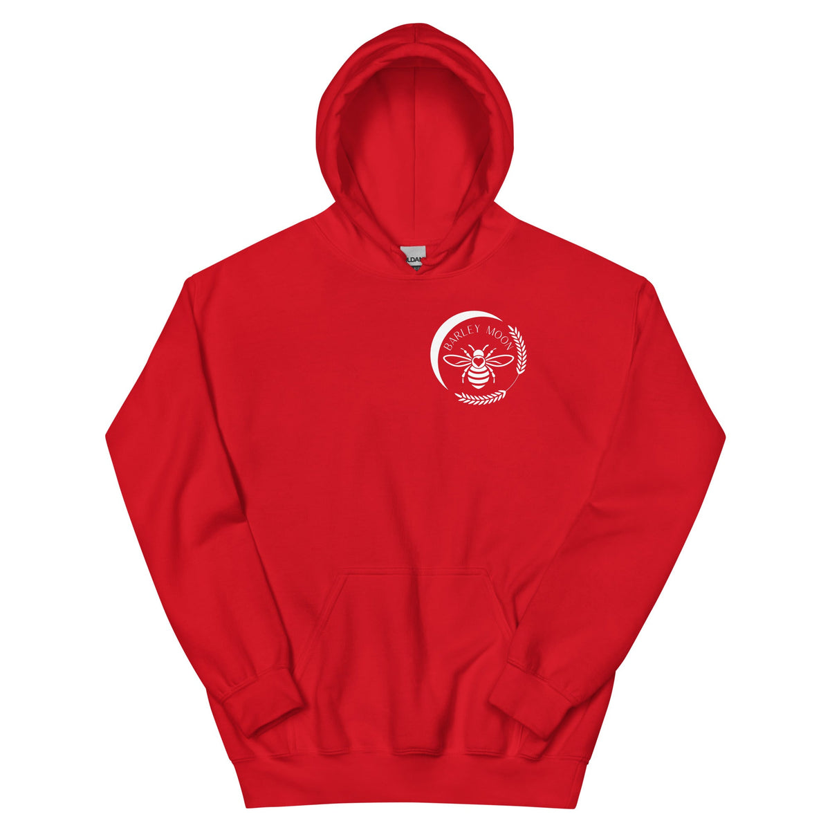 Barley Moon Botanicals red unisex hoodie with a white bee and crescent moon logo on the chest and front pouch pocket.