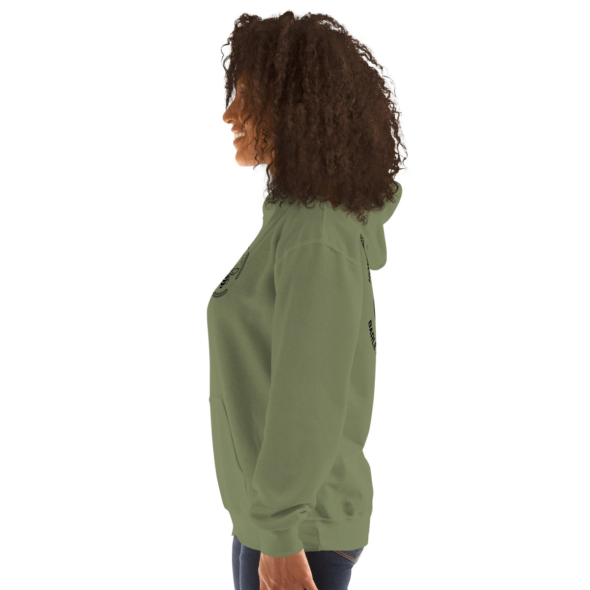 Barley Moon Botanicals unisex hoodie in olive green with a bee and moon graphic, worn by a woman in profile view.