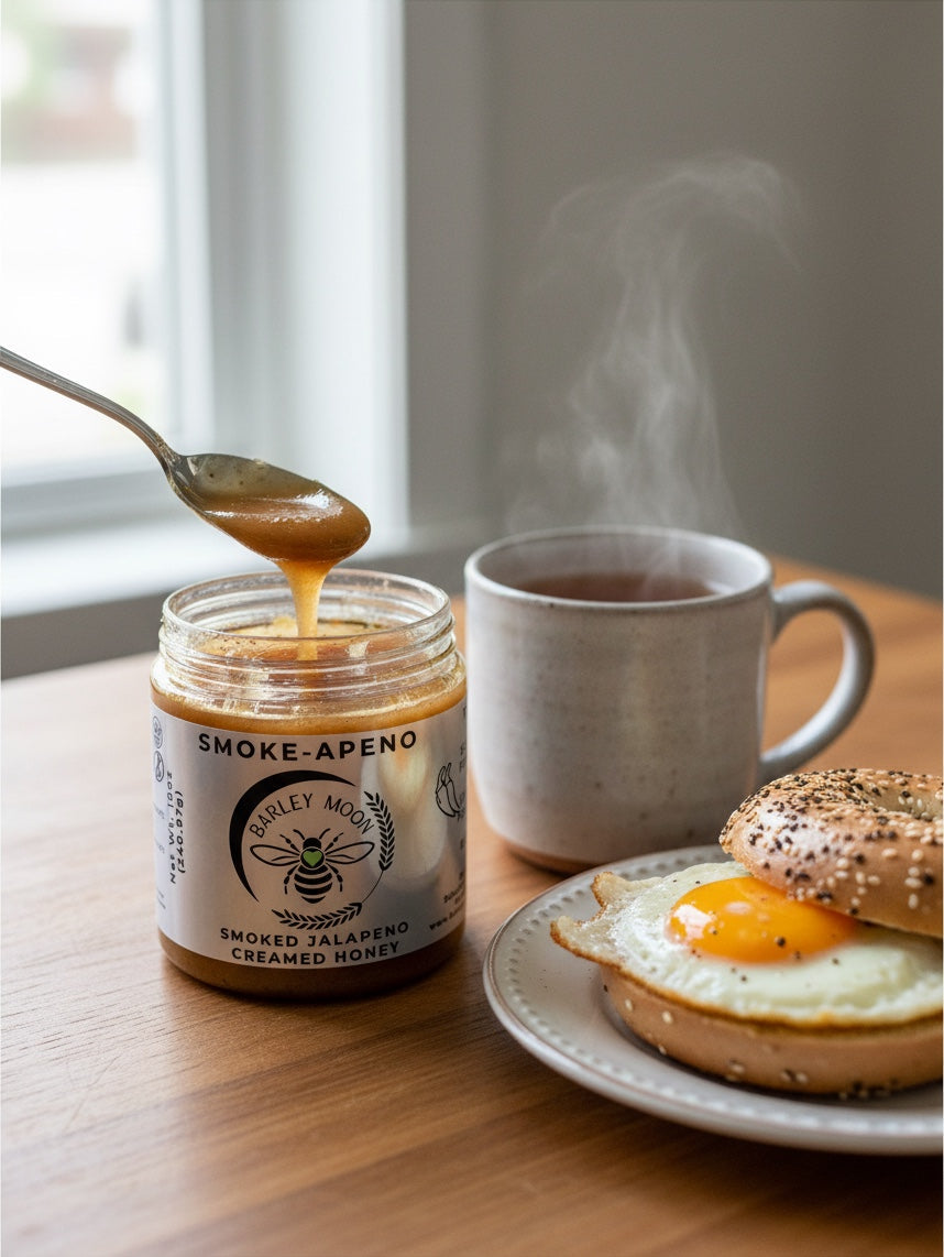 Barley Moon Botanicals Smoke-apeno smoked jalapeño creamed honey jar with a spoon, bagel, and steaming mug on a table