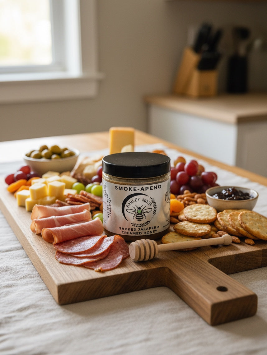 Barley Moon Botanicals Smoke-apeno creamed honey jar on a charcuterie board with meats, cheeses, and crackers.