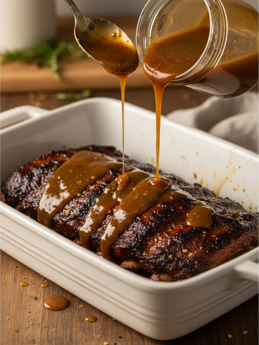 Barley Moon Botanicals Smoke-apeno smoked jalapeño creamed honey drizzled over a rack of grilled ribs in a white dish.