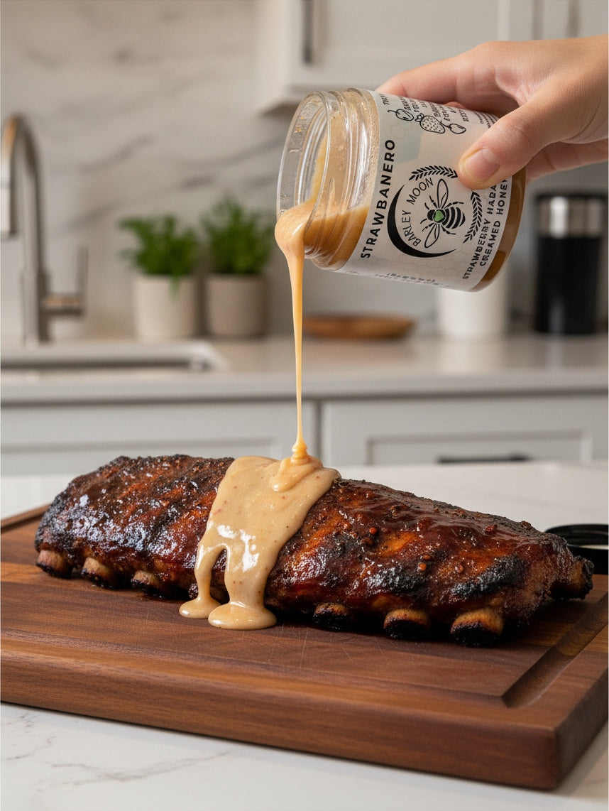 Barley Moon Botanicals Strawbanero creamed honey drizzled over a rack of grilled ribs on a wooden cutting board
